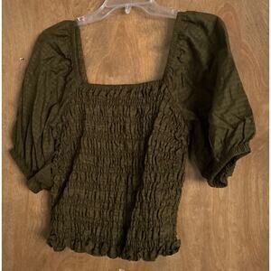 Old Navy Boho Puff Sleeve Blouse Size M Dark Green Smocked Square Neck Top